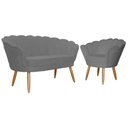 Ver imagem 1 de Kit Namoradeira + 1 Poltrona Decorativa Pétala Suede Cinza Pés Madeira Mz Decor