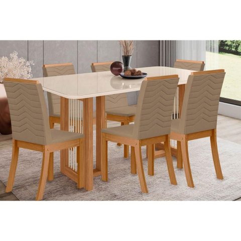Kit 6 Cadeiras de Cozinha Yara Sc79 Tampo Madeirado C/ Vidro Canto Curvo 160x90cm e 6 Cadeiras Isa