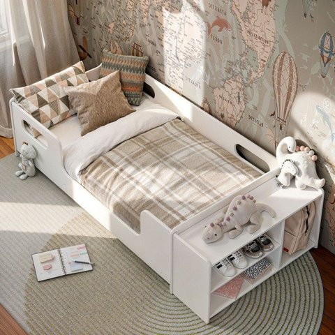 Cama Infantil Montessoriana com Nicho e Sapateira em MDF Aconchego Branco