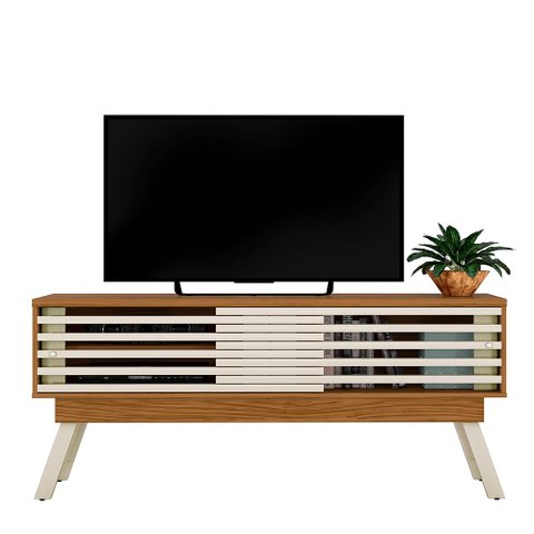 Rack 1.5 Bancada Yara para Sala Tv 65 Pol. Ripado Pés Palito Naturale/ Off White