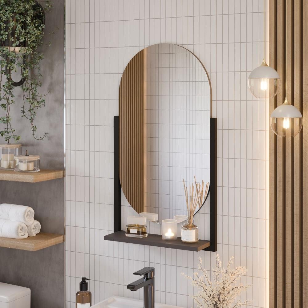 Espelheira Espelho Floripa com Prateleira Aço para Banheiro Decorativa Cinza Titânio