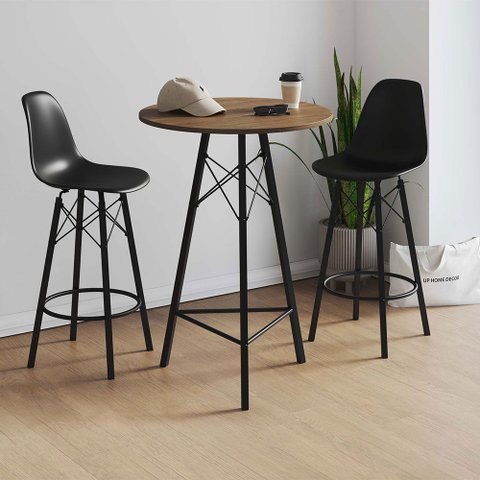 Conjunto Mesa Bistrô Redonda Estrutura em Ferro Preto com Tampo Freijó com 2 Banquetas Eames Preta