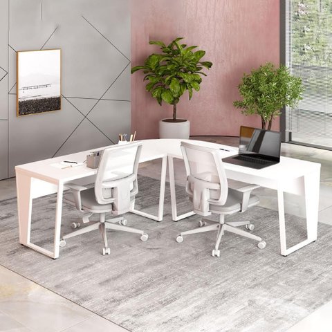 Mesa em L Escritório 210cm X 210cm Pés Metal F5 Office Cor:branco