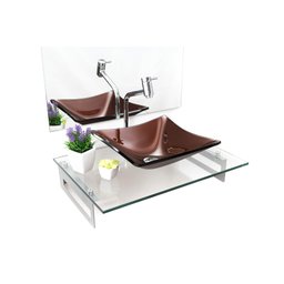 Kit Cuba de Vidro + Tampo + Suporte - Gabinete P/ Banheiros:marrom - 2