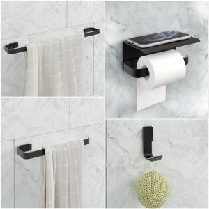 Kit Acessório para Banheiro Preto 4 Peças C/suporte Celular