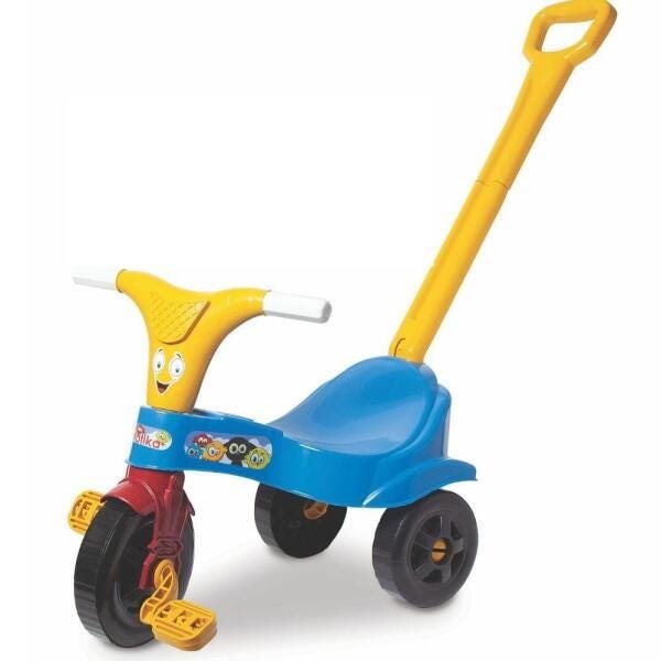 Triciclo Infantil com Empurrador Pedal Cesta Azul Motoca em