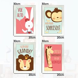 Kit 4 Quadros Infantil Leão Animais Bichos Frases 20x30cm Arte na Arte Moldura Branca - 4