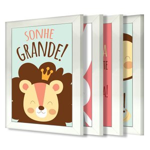 Kit 4 Quadros Infantil Leão Animais Bichos Frases 20x30cm Arte na Arte Moldura Branca