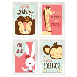 Kit 4 Quadros Infantil Leão Animais Bichos Frases 20x30cm Arte na Arte Moldura Branca - 3