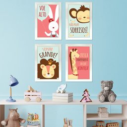 Kit 4 Quadros Infantil Leão Animais Bichos Frases 20x30cm Arte na Arte Moldura Branca - 2