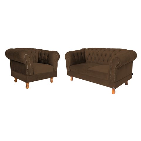 Conjunto Sofá Namoradeira Elisabeth Chesterfield Capitone Suede Marrom Decorativa / Sala, Tv, Estar,