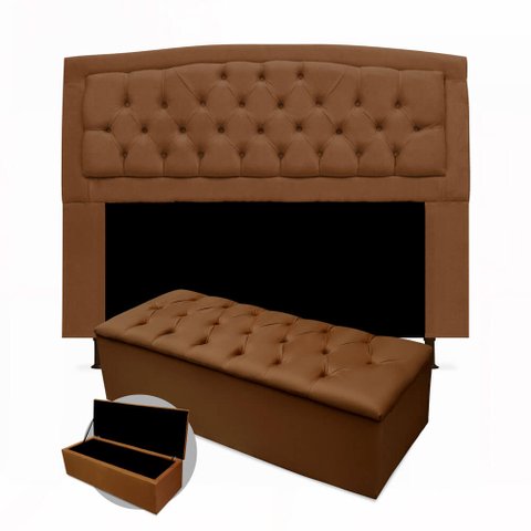 Kit Cabeceira Geovana + Calçadeira Baú Mirage King Size 195cm Suede - Ecotec Decor:Marrom