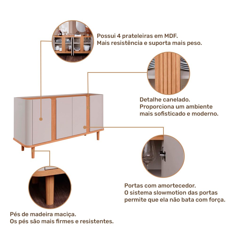 Aparador Buffet 4 Portas Pés de Madeira Retrô para sala de jantar Eva Cimol Off White/Nature ii - 10 - 5