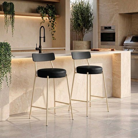 Banqueta Cozinha Alta Encosto Preto KIT2 Industrial Champanhe Londrina PU D03 - D'Rossi
