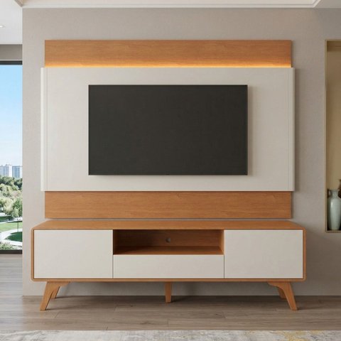 Rack com Painel para TV até 65 Polegadas 185cm x 187cm com LED 100% MDF Pés em Madeira Maciça Ares