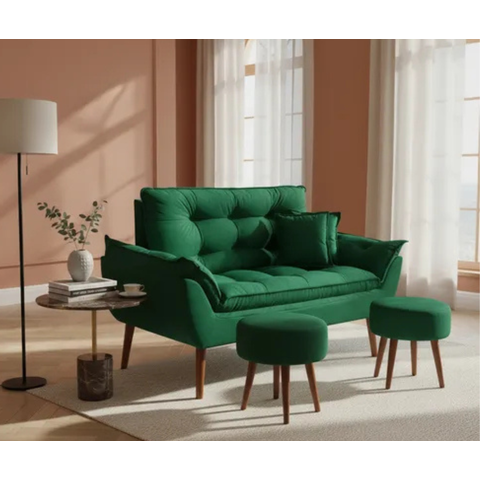 Kit 01 Namoradeira Opala +02 Puff Redondo + 02 Almofadas Suede Verde- Modena Decor