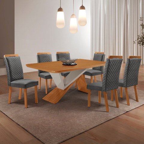 Mesa de Jantar Yasmin 180cm Tampo MDF Canto Copo Laminado e 6 Cadeiras Lorena