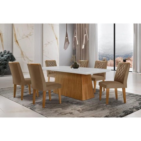Conjunto: Mesa de Cozinha Luna C/ Tampo de Vidro Canto Curvo 180x90cm e 6 Cadeiras Jade Imbuia/off