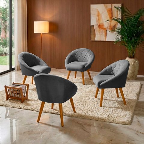 Kit 4 Poltrona Sala Decorativa Louis Veludo Cinza Pés Palito Castanho