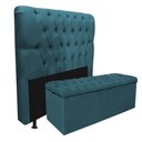 Ver imagem 1 de Kit Cabeceira + Calçadeira Baú Capitonê Livia 100cm Solteiro para Cama Box Suede Azul Turquesa - Gat