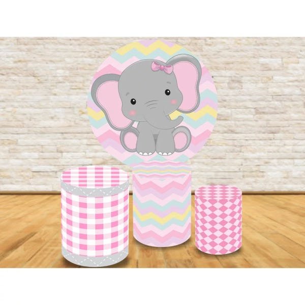 Kit Completo Trio Capa Cilíndrica + Painel De Tecido Redondo Elefantinho Rosa - 1