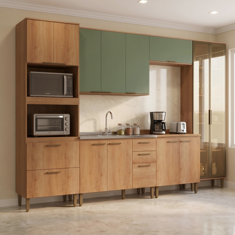 Kit Cozinha 8 Peças 240cm em MDF Princess Yescasa Freijó e Sálvia
