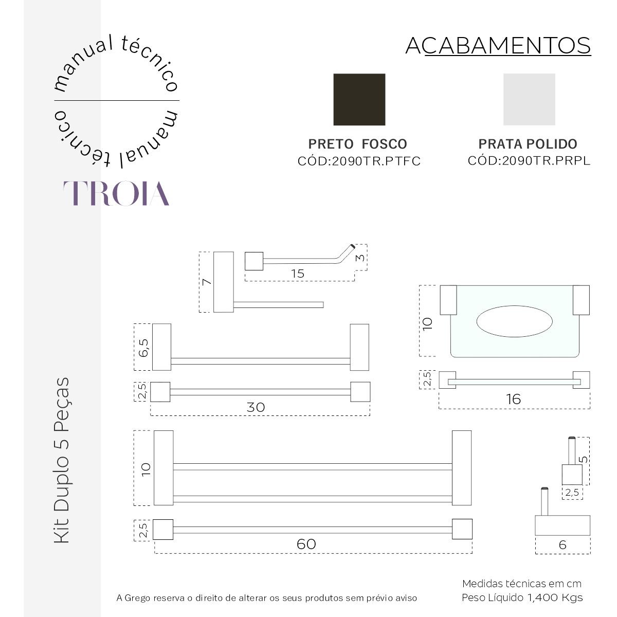 Kit de Acessórios Conjunto Duplo para Banheiro 5 Peças Grego Metal Suporte Barra Alto Brilho Troia - 4