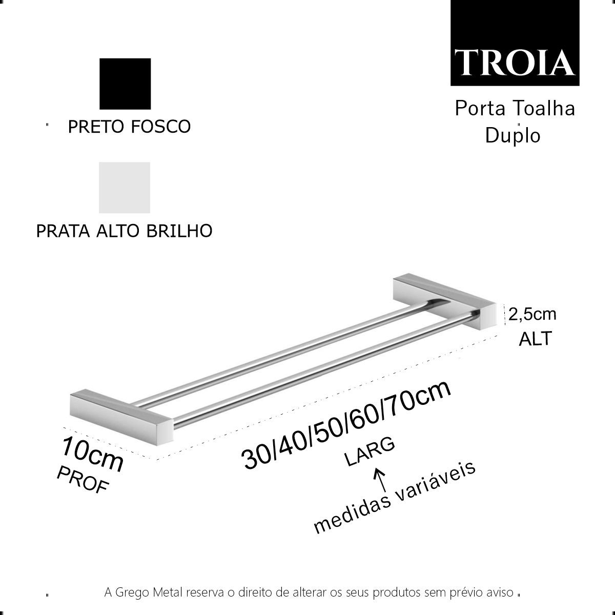 Porta Toalha Duplo Grego Metal (kit 2 Peças) Suporte Quadrado Barra 60cm Banheiro Alto Brilho Troia - 4