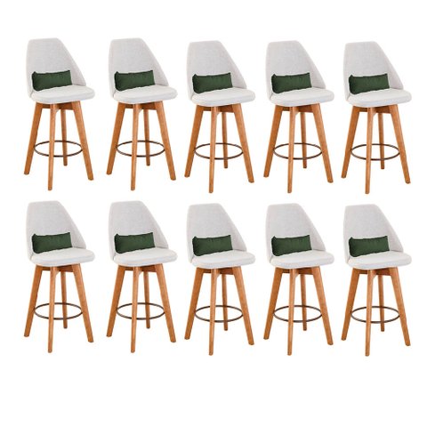 Kit 10 Banquetas Alta Maya Giratória Com Encosto Gourmet Linho Bege e Almofada Suede Verde Musgo