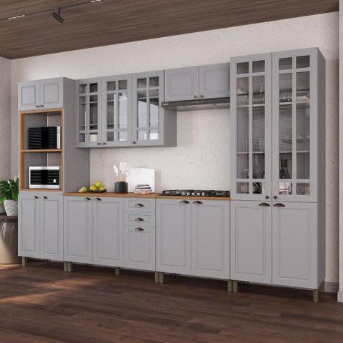 Armário de Cozinha Modulada Completa Fidelitá Nara 100% MDF 6 Peças 350cm 18 Portas 2 Gavetas com
