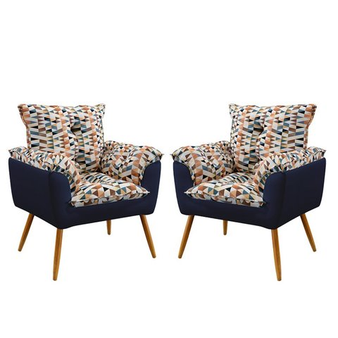 Kit 2 Poltronas Opala Suede Estampado Laranja com Azul Marinho Aradecor