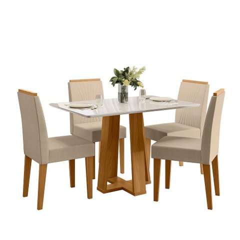 Conjunto Sala de Jantar Mesa Rubi 120x80 4 Cadeiras Cecilia Ype/off White/linho Palha
