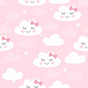 Papel de Parede Decorativo Baby Cute Nuvens Brancas e Fundo Rosa para Meninas 3,3m