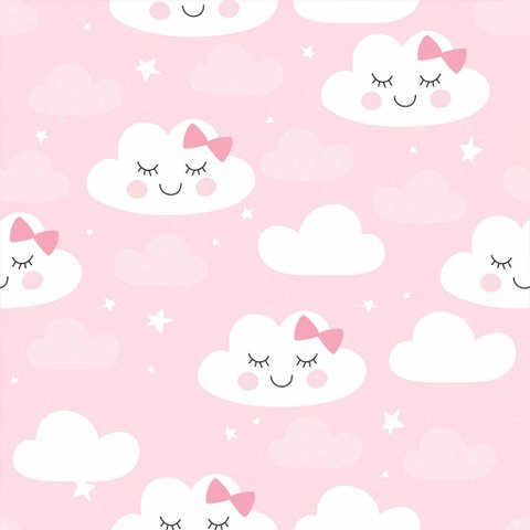 Papel de Parede Decorativo Baby Cute Nuvens Brancas e Fundo Rosa para Meninas 3,3m