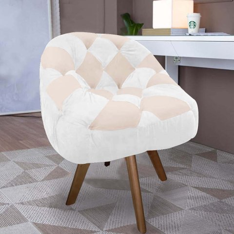 Poltrona Paloma Escritório Sala Giratória Madeira Suede Branco e Suede Bege - Dominic Decor