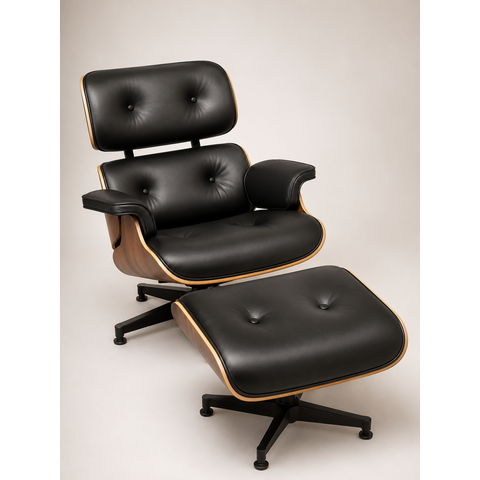 Poltrona Charles Eames com Puff - Couro Preto -  Pau-Ferro