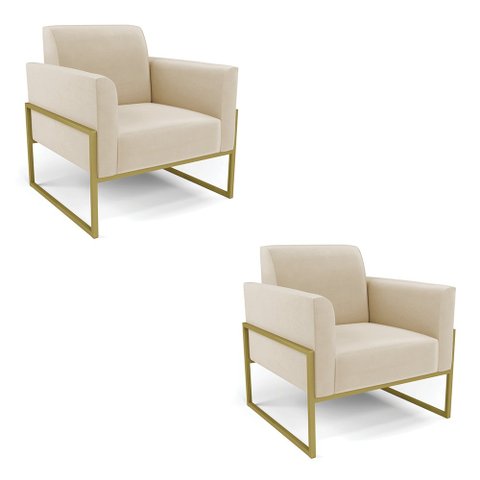 Kit 2 Poltronas Base Industrial Alta Dourado Marisa Suede D03 - D’Rossi Bege