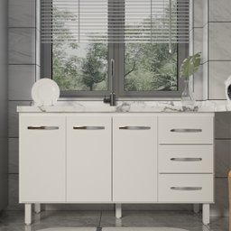 Balcão Armário Cozinha Gabinete Pia de 140 Cm Carine com 3 Portas e 3 Gavetas Branco - 3