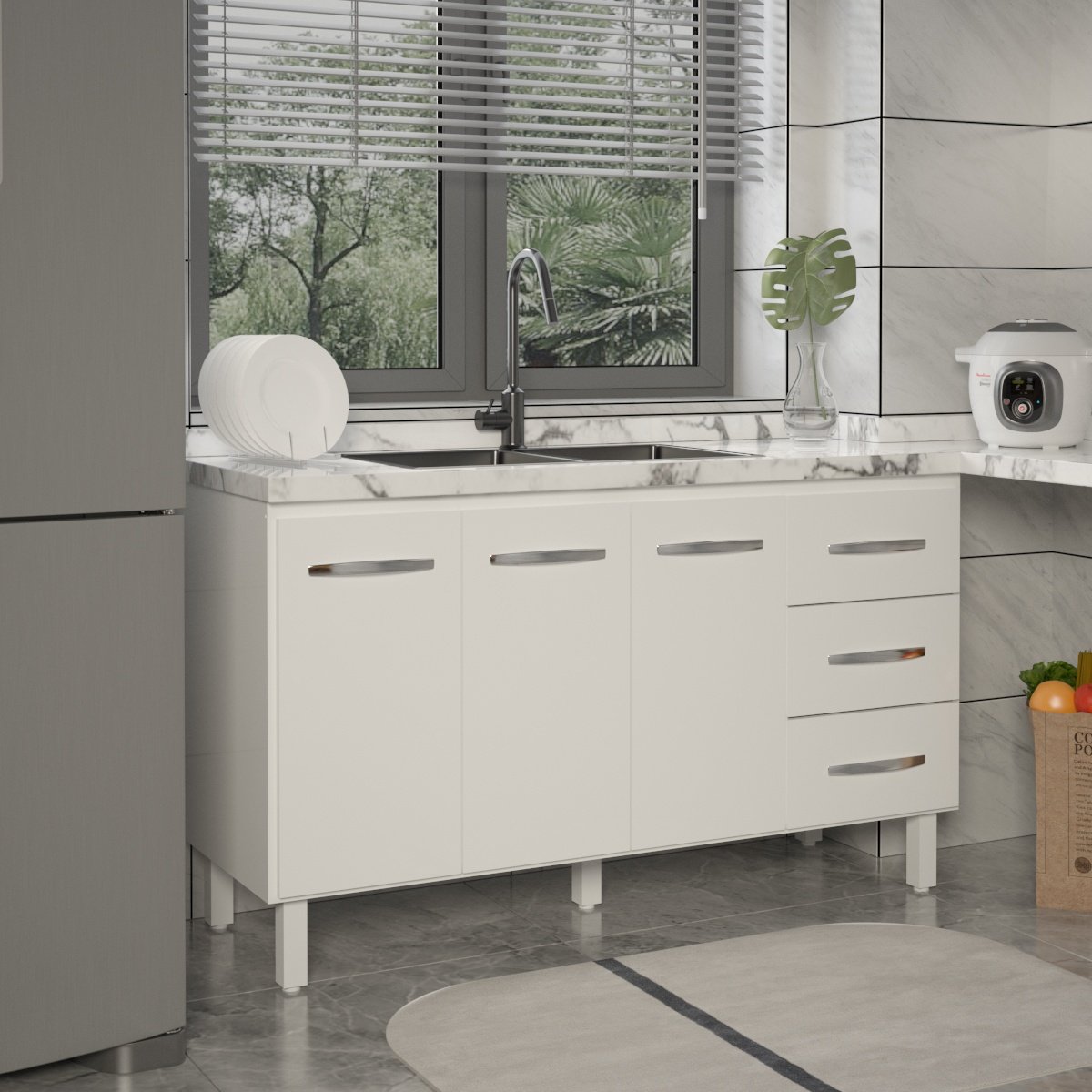 Balcão Armário Cozinha Gabinete Pia de 140 Cm Carine com 3 Portas e 3 Gavetas Branco - 2