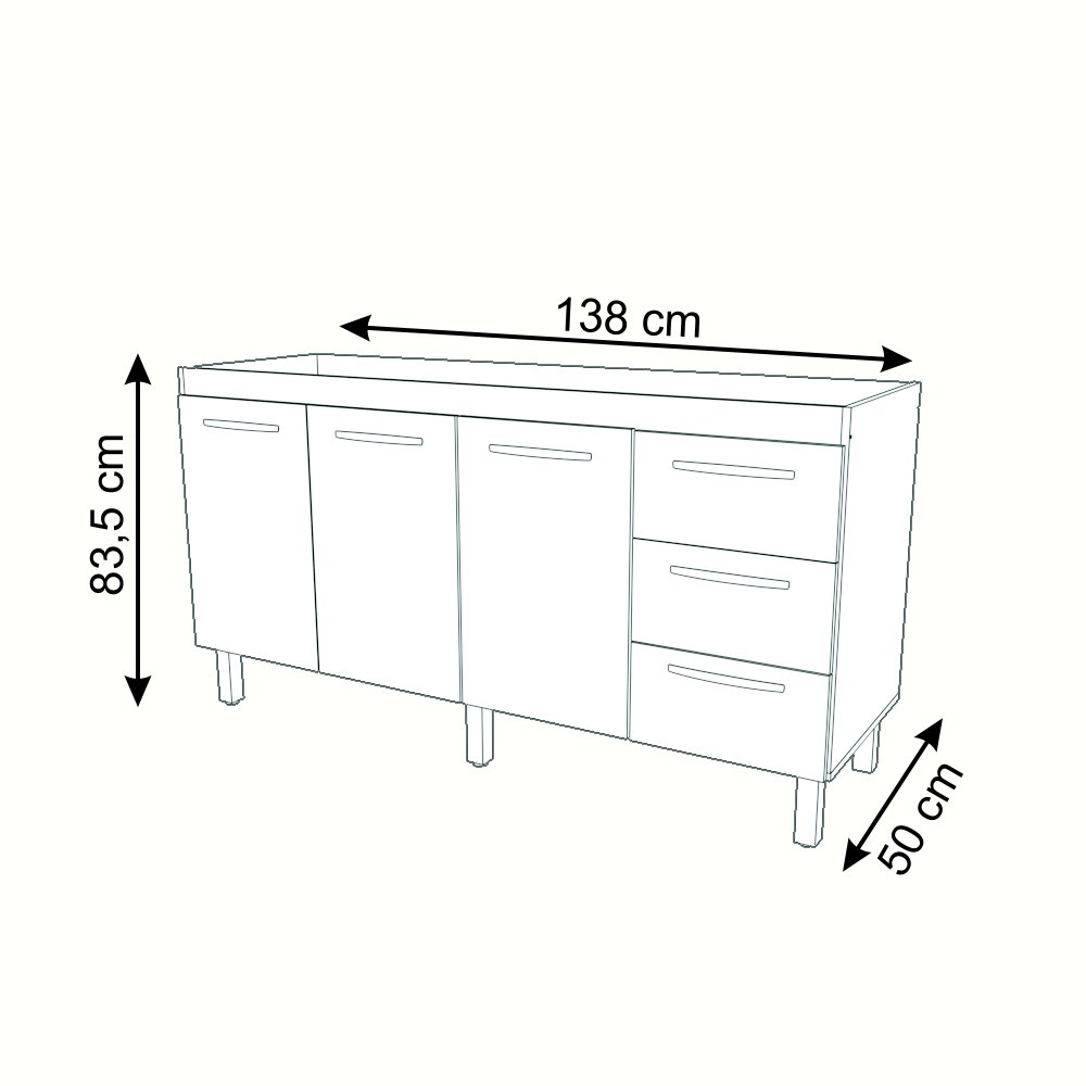 Balcão Armário Cozinha Gabinete Pia de 140 Cm Carine com 3 Portas e 3 Gavetas Branco - 6