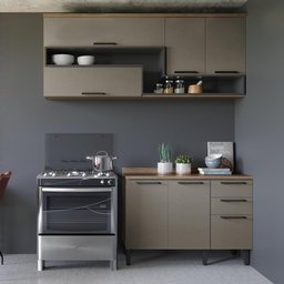 Cozinha Completa Planejada Compacta 2 Peças 6 Portas 3 Gavetas 1 Nicho 5 Pés Marrom Madeira Cinza - 1