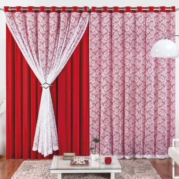 Cortina Serena para Trilho Suisso Tecido Renda Floral e Malha 4,00m x 2,50m Sala Quarto - Vermelho - 1