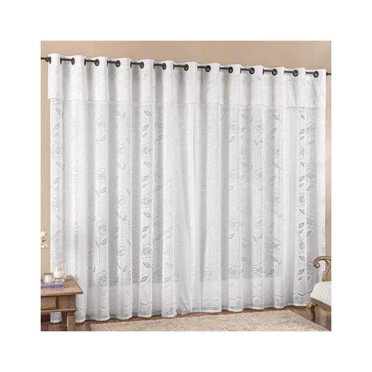 Cortina Jade para Trilho Suisso Tecido Renda Floral 4,00m x 2,50m Sala Quarto - Branca