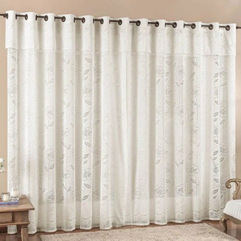 Cortina Jade para Trilho Suisso Tecido Renda Floral 4,00m x 2,50m Sala Quarto - Palha