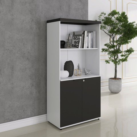 Armário Misto para Escritório 2 Portas com Prateleiras Linha PE40 Branco/Preto