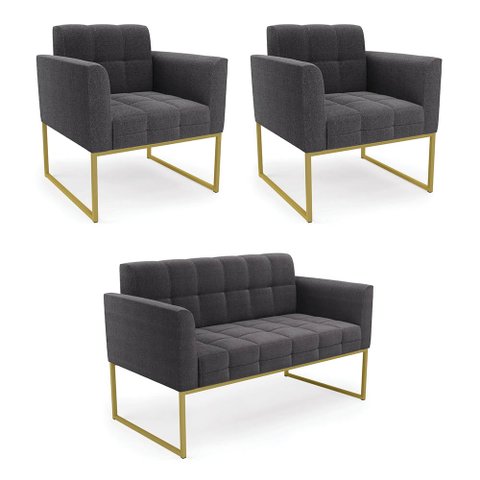 Namoradeira e 2 Poltronas Industrial Dourado Elisa Bouclê D03 - D'Rossi
