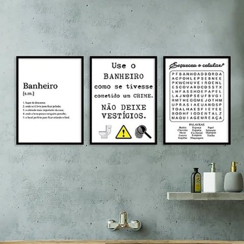 Kit 3 Quadros Divertidos Para Banheiro 45x34cm:Madeira preta