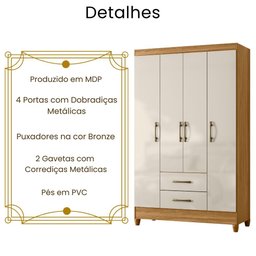 Guarda Roupa Solteiro Paraty 4 Portas Freijó Off White Moval - 3