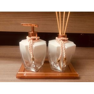 Kit Lavabo Rose Gold Bandeja Sabonete Difusor Vidro + Aromas