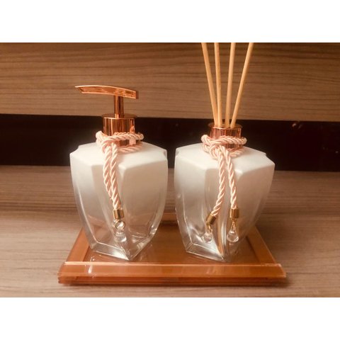Kit Lavabo Rose Gold Bandeja Sabonete Difusor Vidro + Aromas